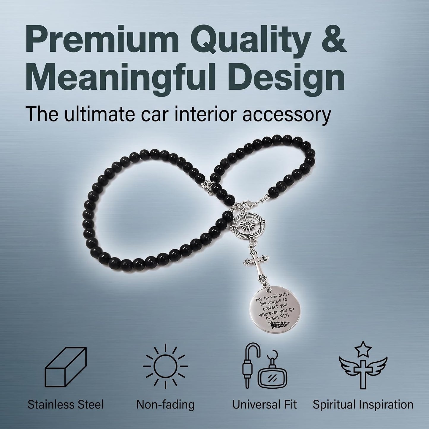 Cross Car Charm, Stainless Steel Rear View Mirror Hanging Ornament with Psalm 91:11, Christian Religious Pendant Decor, Universal for Most Cars SUVs Trucks (Silver)
