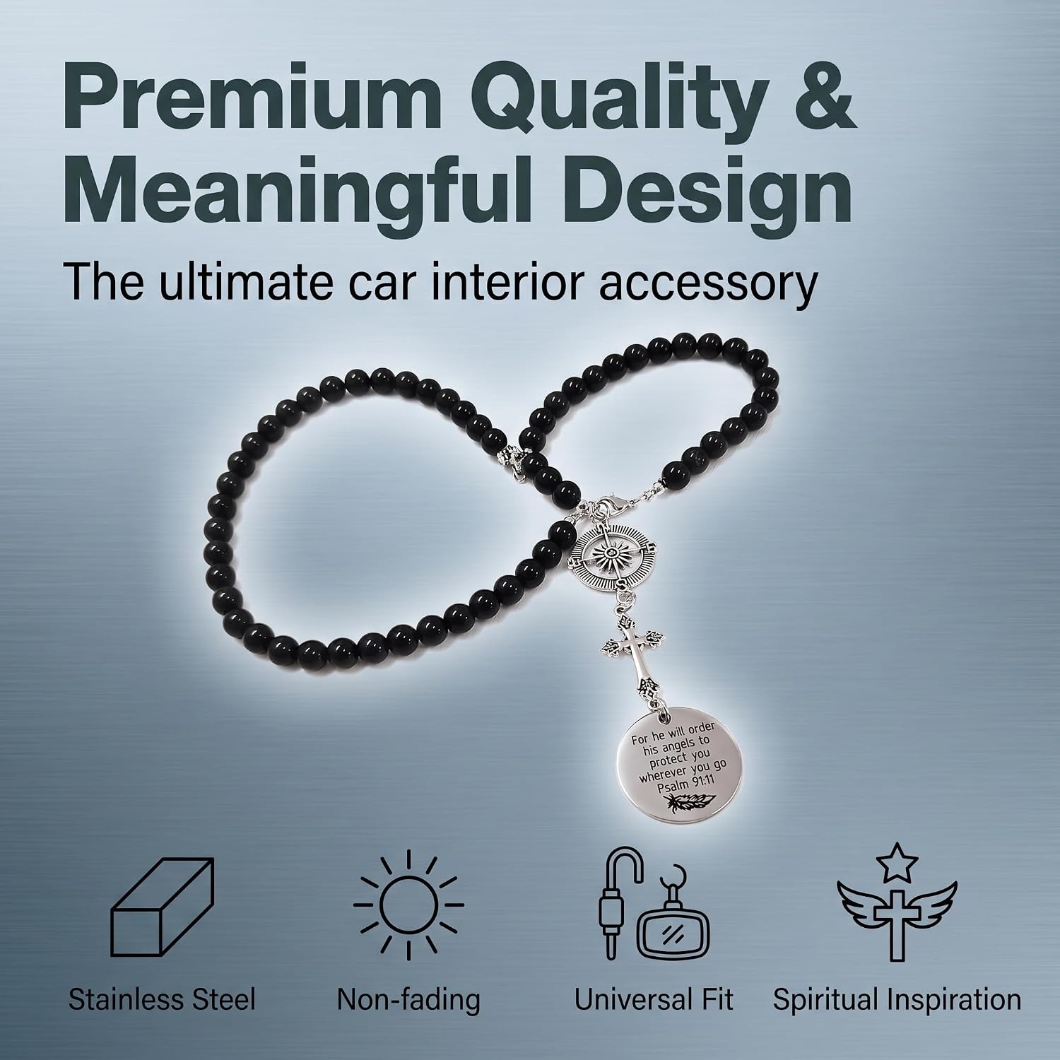 Cross Car Charm, Stainless Steel Rear View Mirror Hanging Ornament with Psalm 91:11, Christian Religious Pendant Decor, Universal for Most Cars SUVs Trucks (Silver)