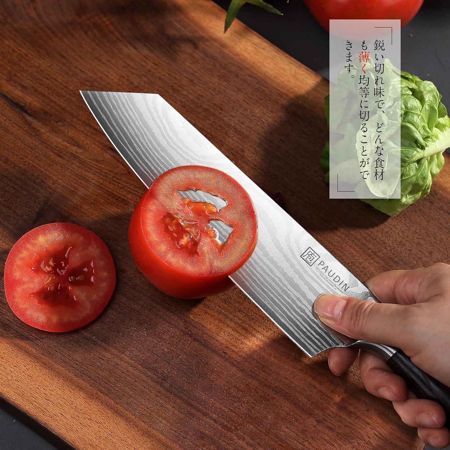 PAUDIN Santoku Knife, Sword Type, 200mm, 255g, 5Cr15Mov High Carbon Stainless Steel, All-Purpose Knife, Wooden Handle, Easy to Cut, Double-Edged Knife, Left-Handed Compatible, Comes with Sheath, Meat