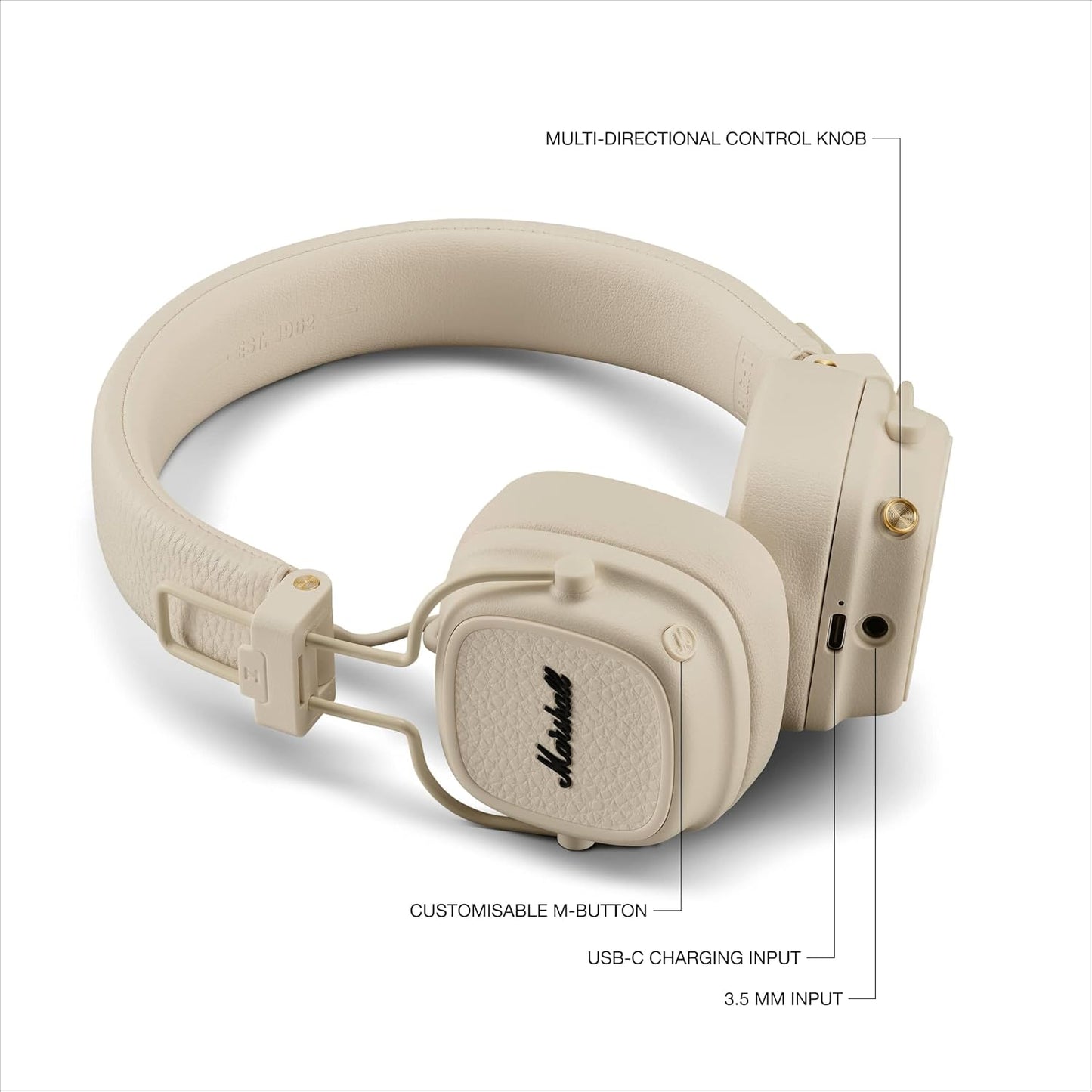 Marshall Major V Wireless On-Ear Headphones Cream, Bluetooth, 100 Hours of Continuous Playback, Qi Charging Compatible, Call Compatible
