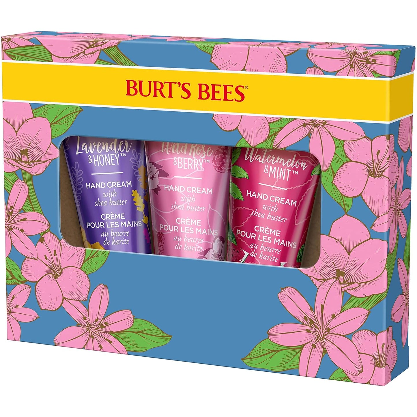 Burt's Bees Regalo de Primavera, 3 Regalos Hidratantes de Cuidado Personal, Trío de Crema de Manos con Manteca de Karité Conjunto de Primavera - Lavanda y Miel, Rosa Silvestre y Bayas y Sandía y Menta