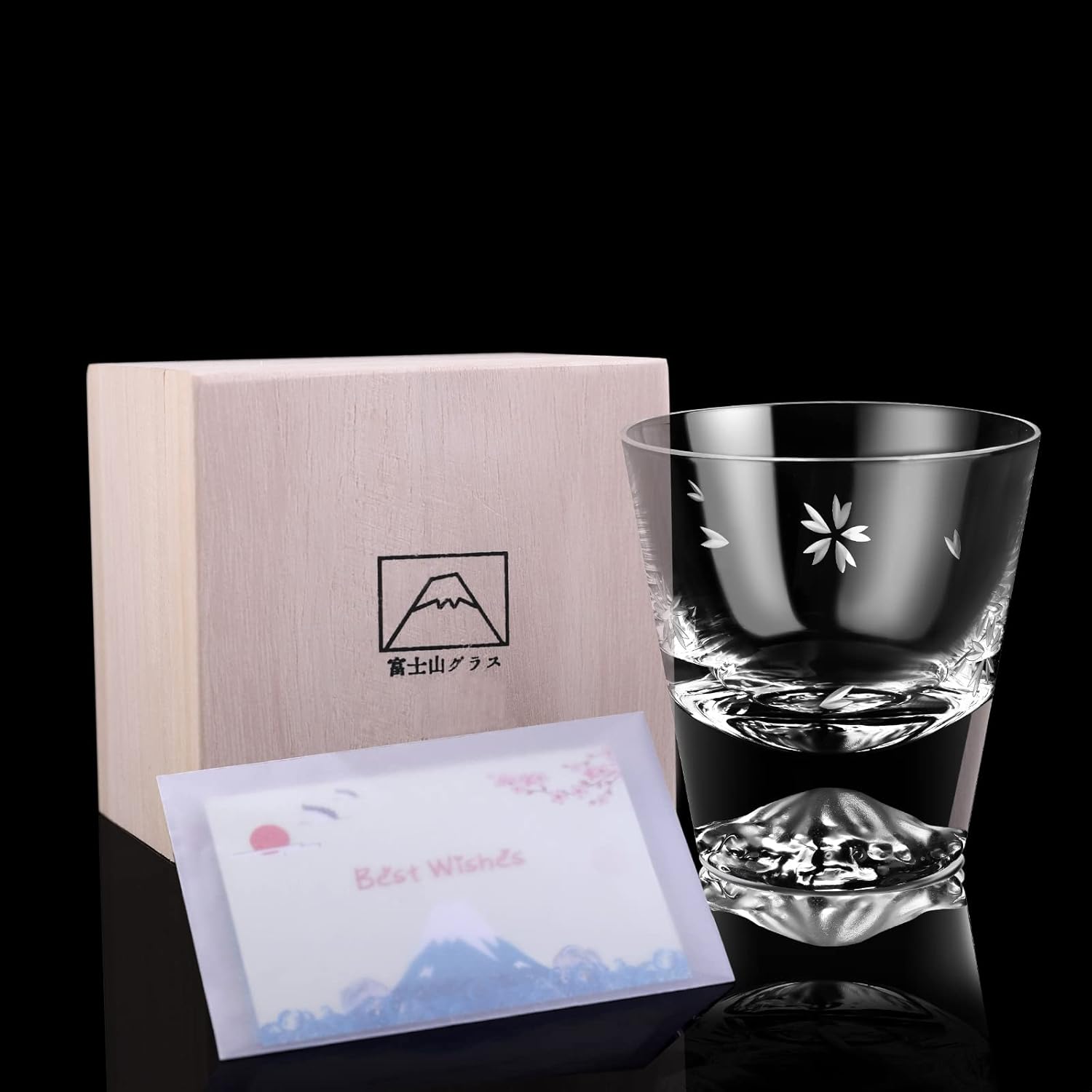 Mt. Fuji Glass, Rock Glass, Cherry Blossom Cut, Luxurious, Artisan Handmade, Paulownia Box, Japanese Sake, Beer, Whiskey, Glass, Stylish, Celebration, Wedding Gift, Sixtieth Birthday Celebration, Gift