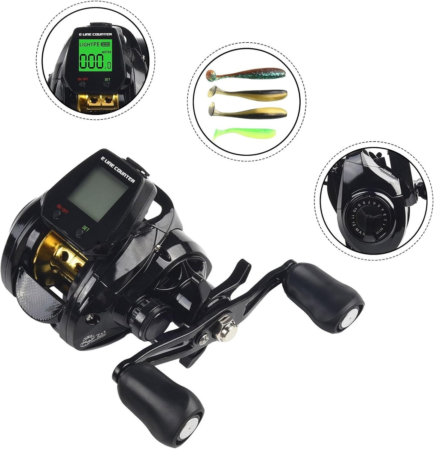 Digital Display Bait Reel 7.2:1 Gear Ratio, Fishing Reel, Bite Alarm Function, Depth Counter, 10 Adjustable Magnetic Brakes, Left/Right Winding, USB Rechargeable, Aluminum Alloy, Maximum Drag Force