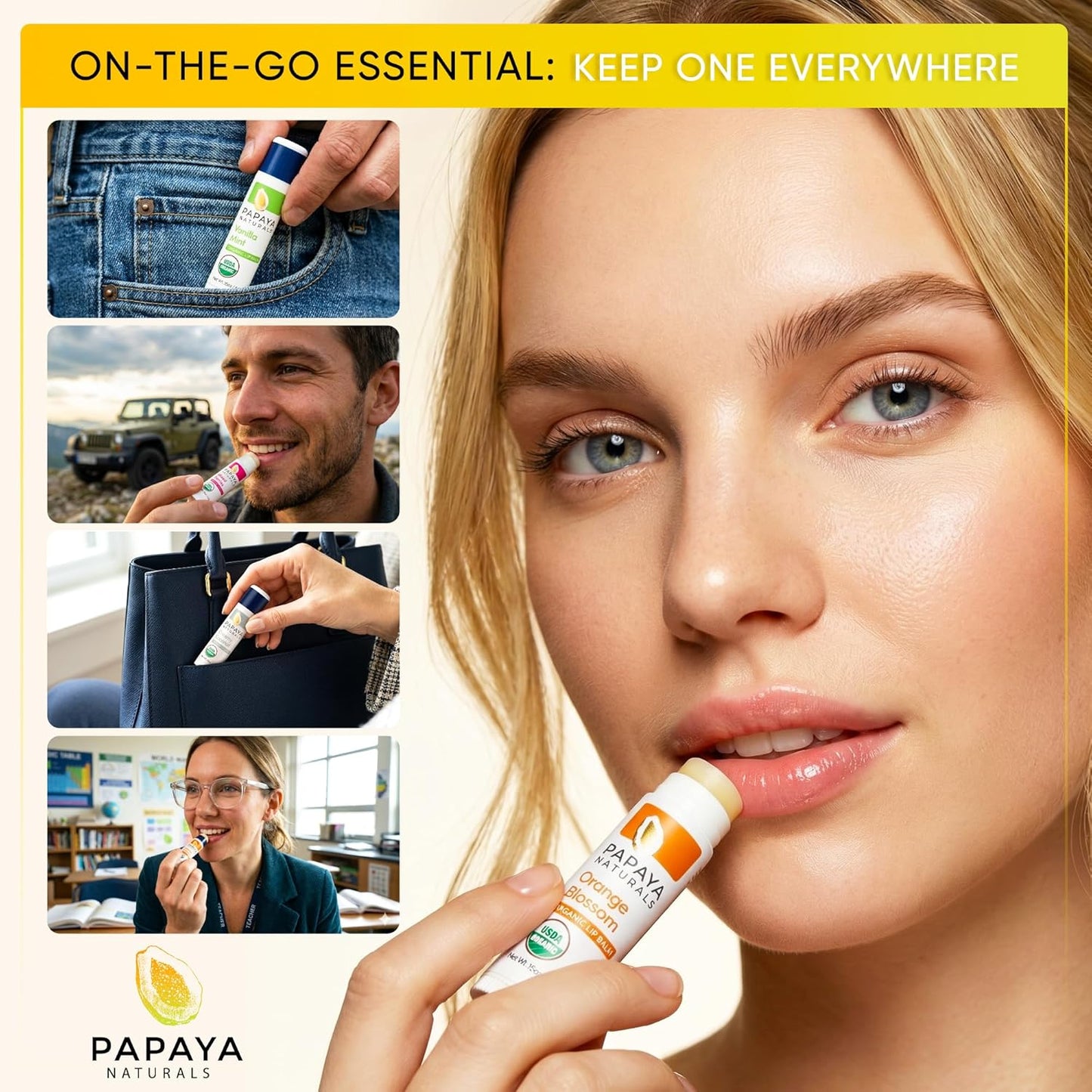 Papaya Naturals USDA - Juego de bálsamo labial orgánico, paquete de 6 – cera de abeja orgánica, manteca de cacao y vitamina E bálsamo labial para labios secos – Cuidado de labios natural hidratante