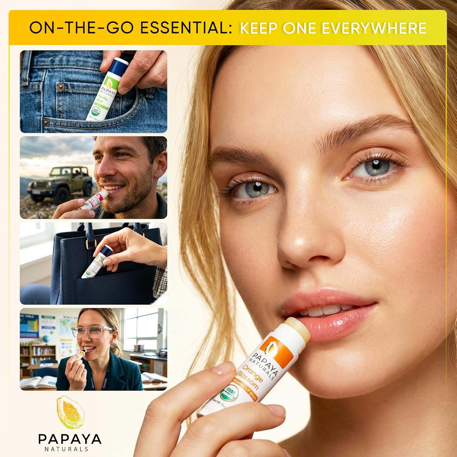 Papaya Naturals USDA - Juego de bálsamo labial orgánico, paquete de 6 – cera de abeja orgánica, manteca de cacao y vitamina E bálsamo labial para labios secos – Cuidado de labios natural hidratante