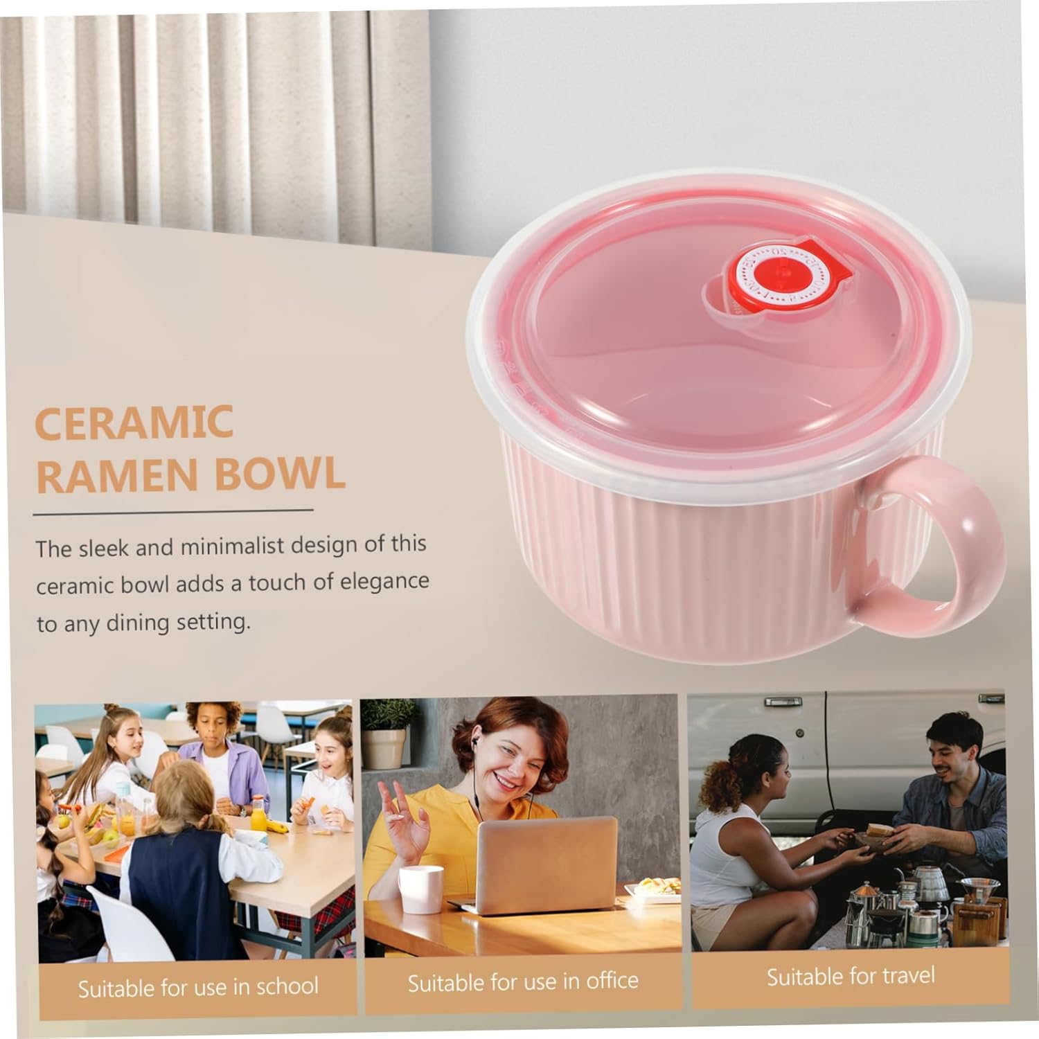Ciieeo Ceramic Bowl, Instant Ramen Mug, Soup Mug, Instant Ramen Bowl, Udon Noodle Lunch Bowl, Ceramic Cover, Asian