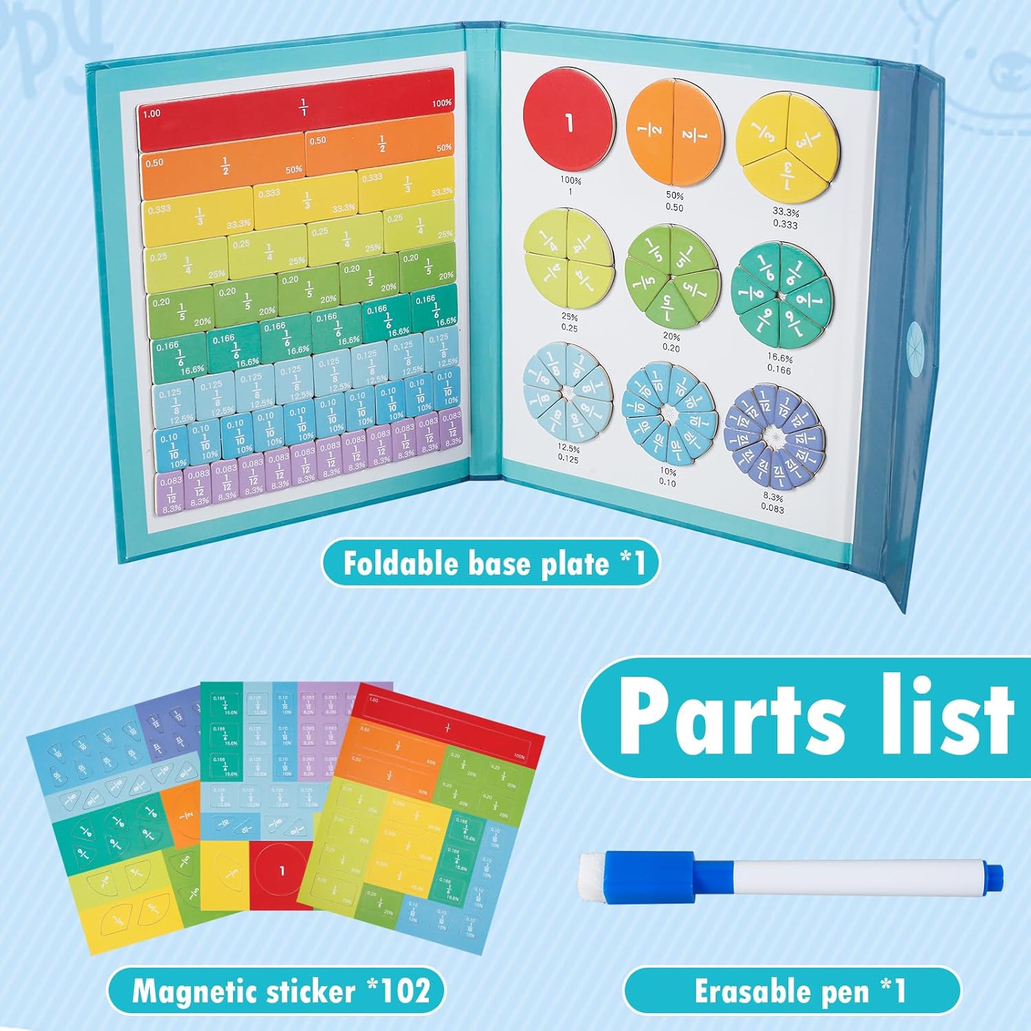 102 Pieces Magnetic Rainbow Fractional Tiles Circle Set with Pen, Montessori Division Board, Math Counting Board, Fractional Tiles, Circles, Learning Math Math and Fractional Control for Kids