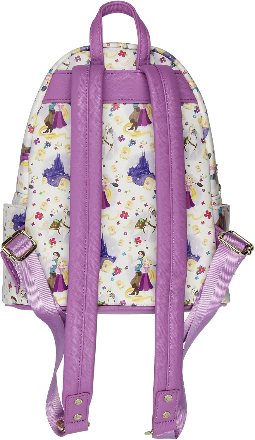 Loungefly Disney Tangled Rapunzel Flynn Ryder y Maximus - Mochila pequeña con estampado completo