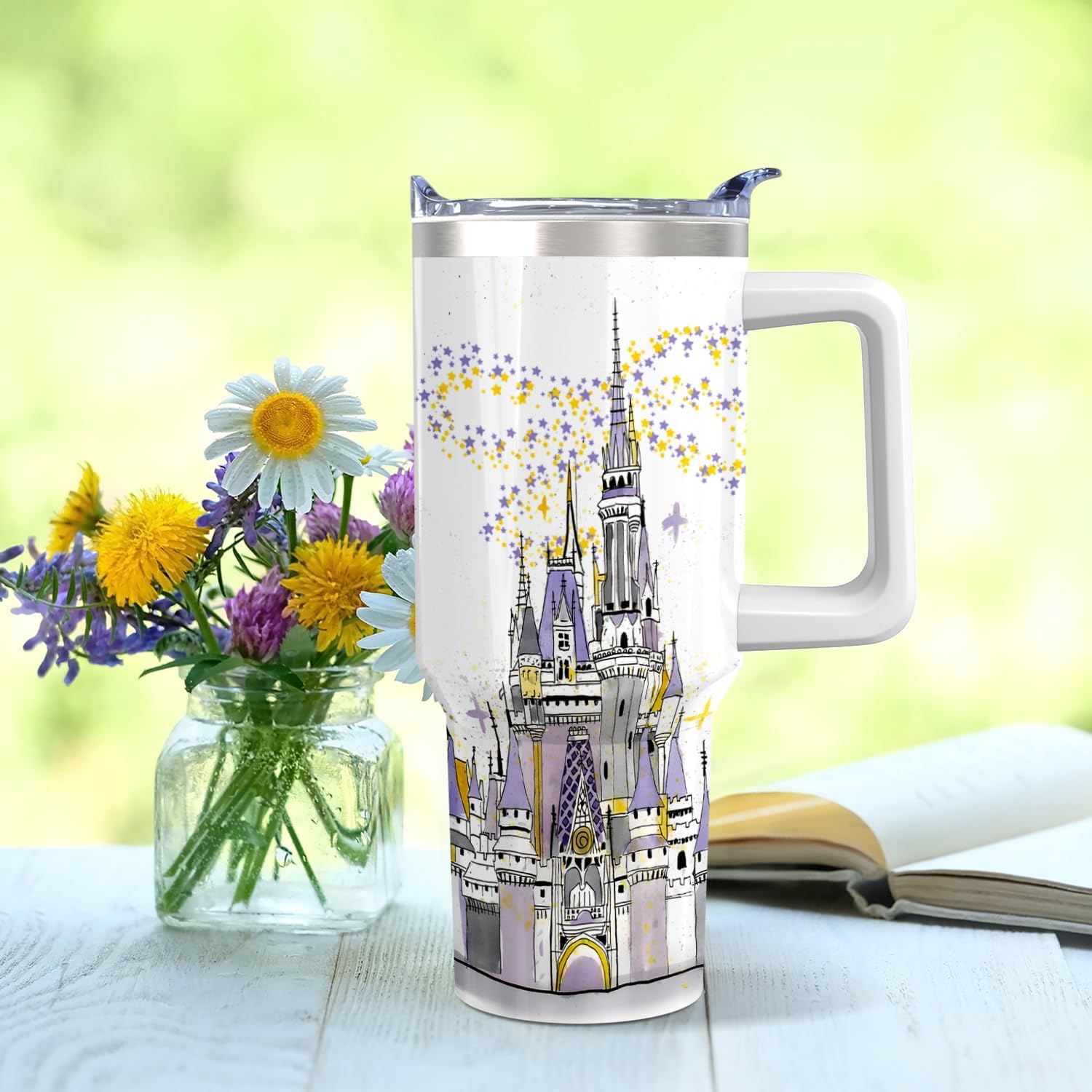 Vaso de acero inoxidable de 30 onzas con asa, tapa y pajita, taza aislada con lazo de estrella para regalos y viajes de mujer