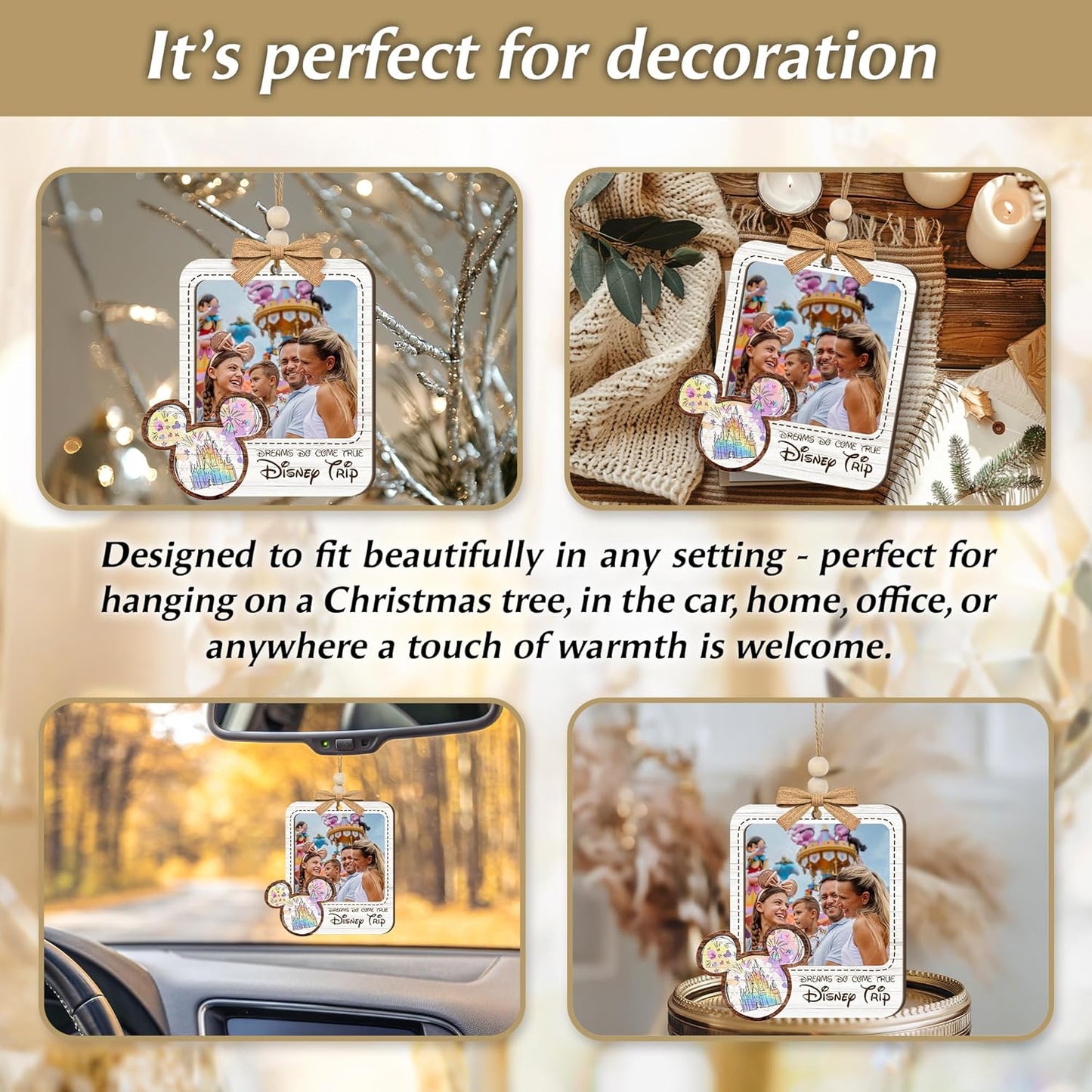 Viaje Familiar 2025 Adorno de Foto de Madera – “Los Sueños se Hacen Realidad” Adorno Personalizado de Vacaciones Familiares – Decoración Rústica de Granja para Navidad con Diseño de Castillo del Reino