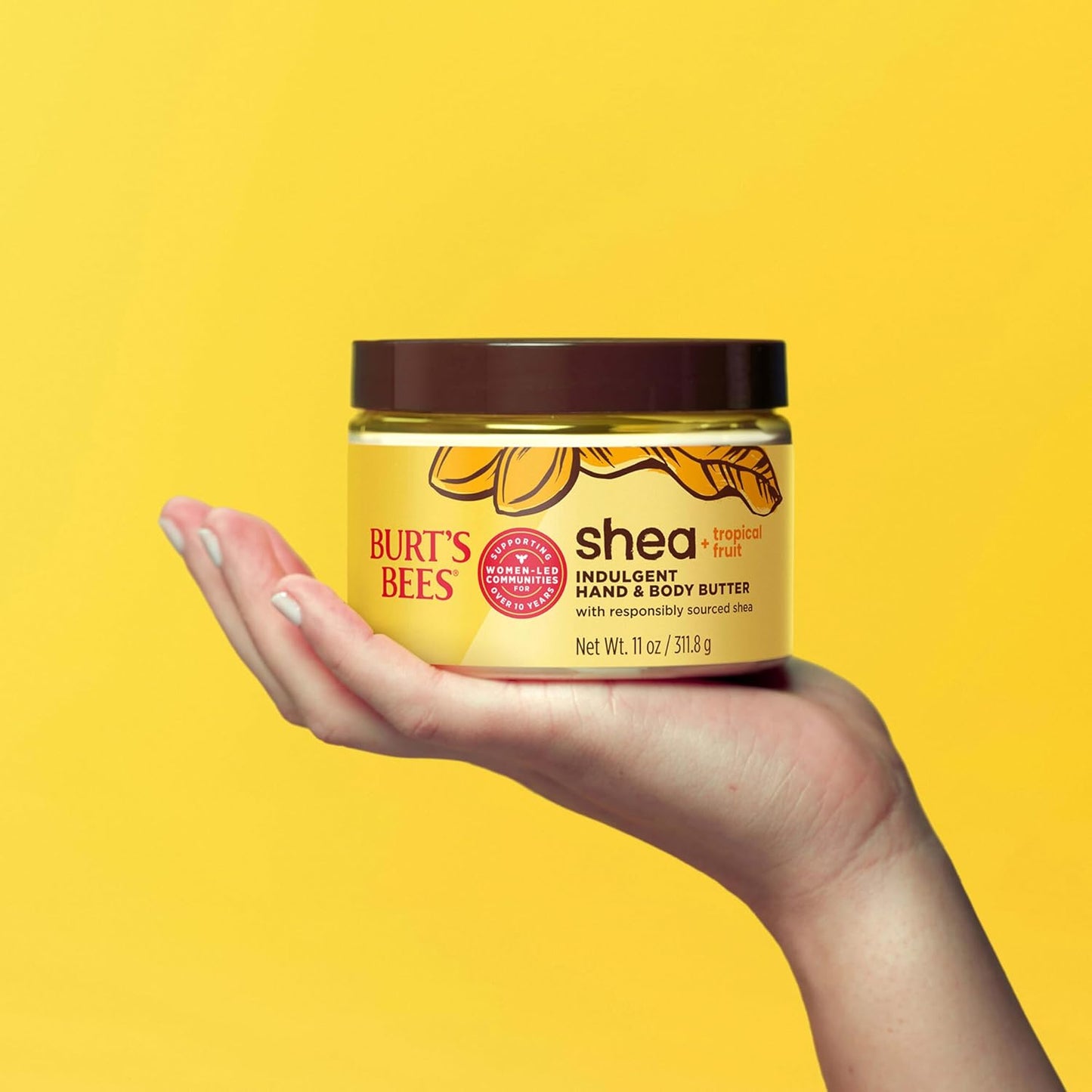 Burt's Bees Manteca de karité + frutas tropicales indulgente para manos y cuerpo, no grasa, rica en antioxidantes para una piel brillante, no irritante, cuidado de la piel de origen natural, 11 onzas.
