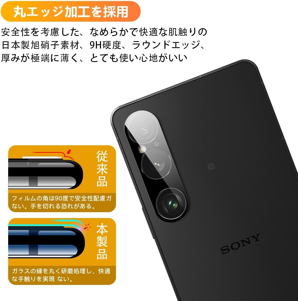 [Set of 2] Compatible Xperia 1 VI Camera Film, 2 x Xperia 1 VI SO-51E SOG13 Lens, Protective Cover, Black Edge, Overexposure Prevention, Japanese Glass Material, 9H Strength, Compatible Xperia 1 VI