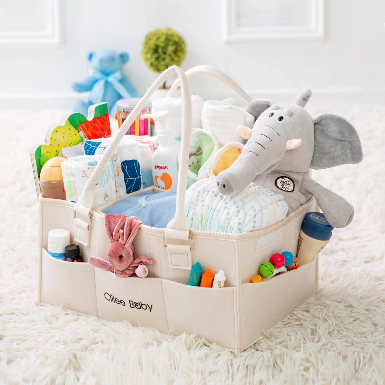 Ciilee Baby Diaper Stocker, Diaper Bag, Large Capacity, Removable Handle, Diaper Case, Foldable, Baby Storage Box, Basket, Car Travel Bag, Storage Caddy, Small Bag, Light Convenient, Baby Supplies, Nursery Supplies Storage (3 Compartments (Beige)