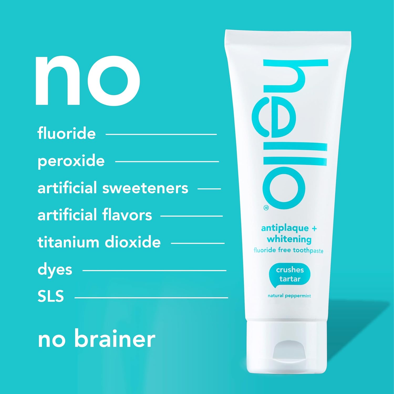 Hello Pasta de dientes antiplaca y blanqueadora sin flúor, tubo de 5 onzas, pasta de dientes blanqueadora con sabor natural a menta y aceite de árbol de té, aplasta el sarro y ayuda a eliminar las
