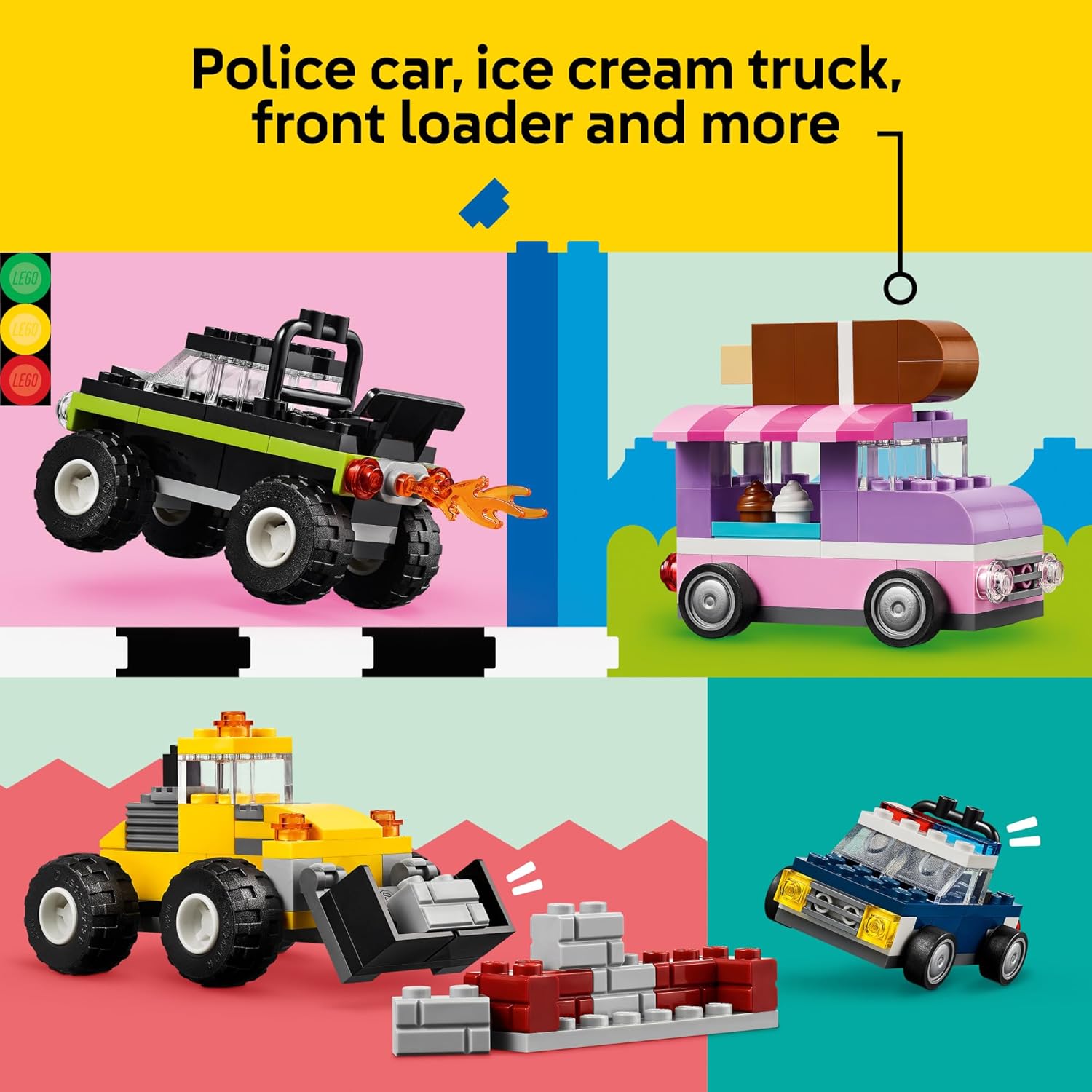 LEGO Classic Creative Vehicles Colorful Building Blocks Assembly Kit Ice Cream Truck, Police Car, Toy Model City Cars, etc. Gift Car Toy for Boys, Girls, Children 5 Years and Up 11036