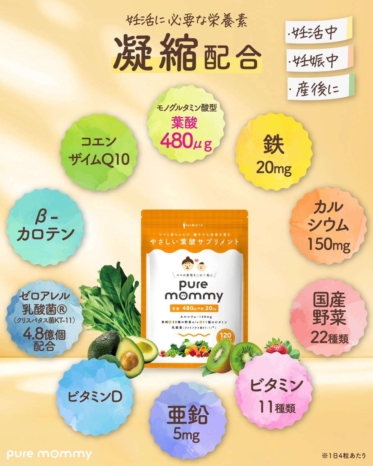 【Recommended by the Ministry of Health, Labor and Welfare with 480μg of Folic Acid】 Folic Acid × Pregnancy Support Supplement Pure Mommy Monoglutamic Acid Type Folic Acid Supplement 30-Day Supply No