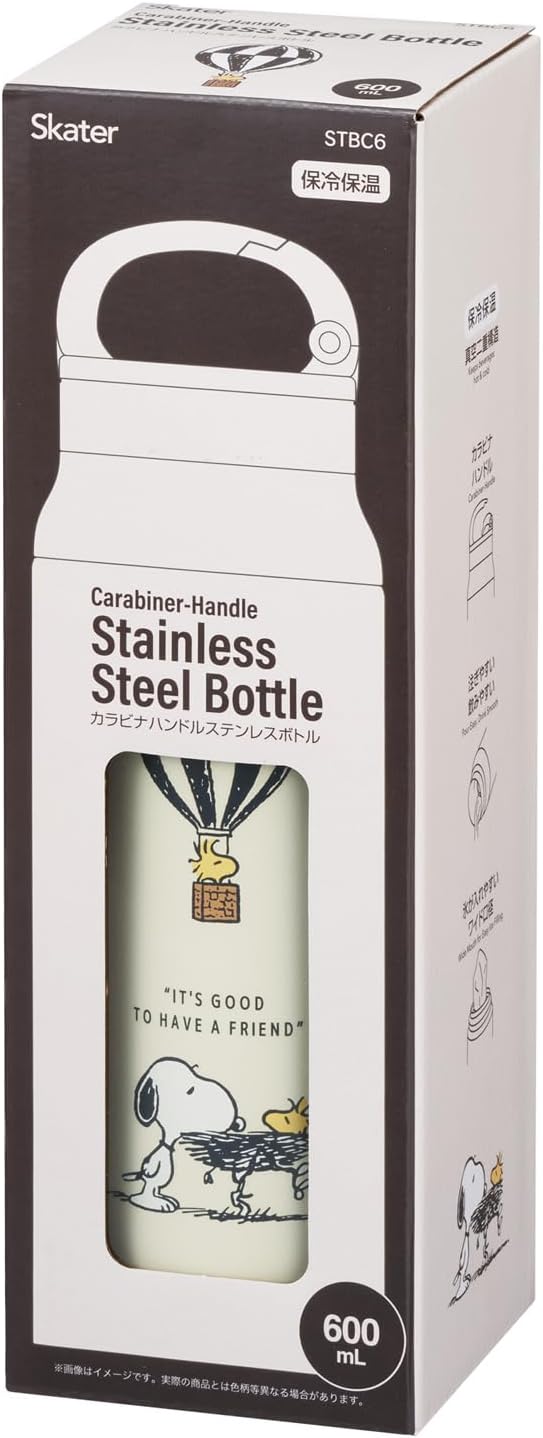 Skater Carabiner Handle Stainless Steel Bottle Thermal Insulated Vacuum Double Wall Construction Snoopy Badge STBC6-A 600ml
