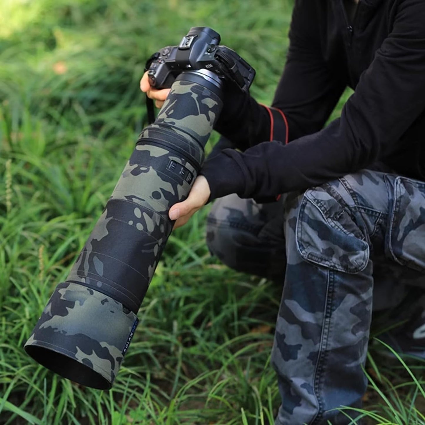 Rolanpro Lens Cover, Camouflage Coat for Telephoto Lens to Fit Canon RF 800mm F11 IS STM, Triple Layer Protection, Black and Dark Camo, Modern