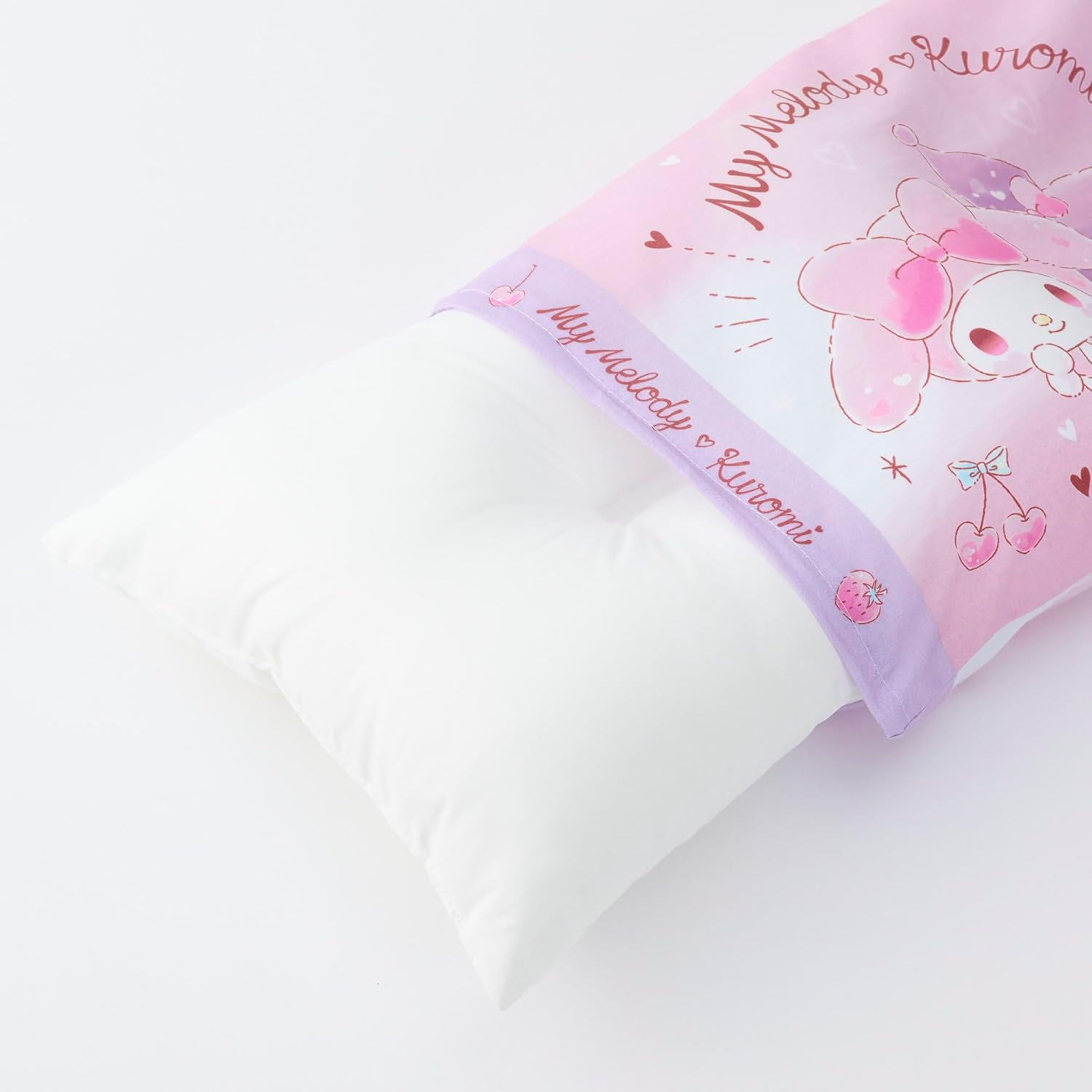 MORiPiLO Children's Pillow, Low Profile, My Melody and Kuromi, Sanrio Characters, Love Love Pink, Approximately 11 x 15.4 inches (28 x 39 cm), Skin-friendly 100% Cotton Fabric, Washable, Cover