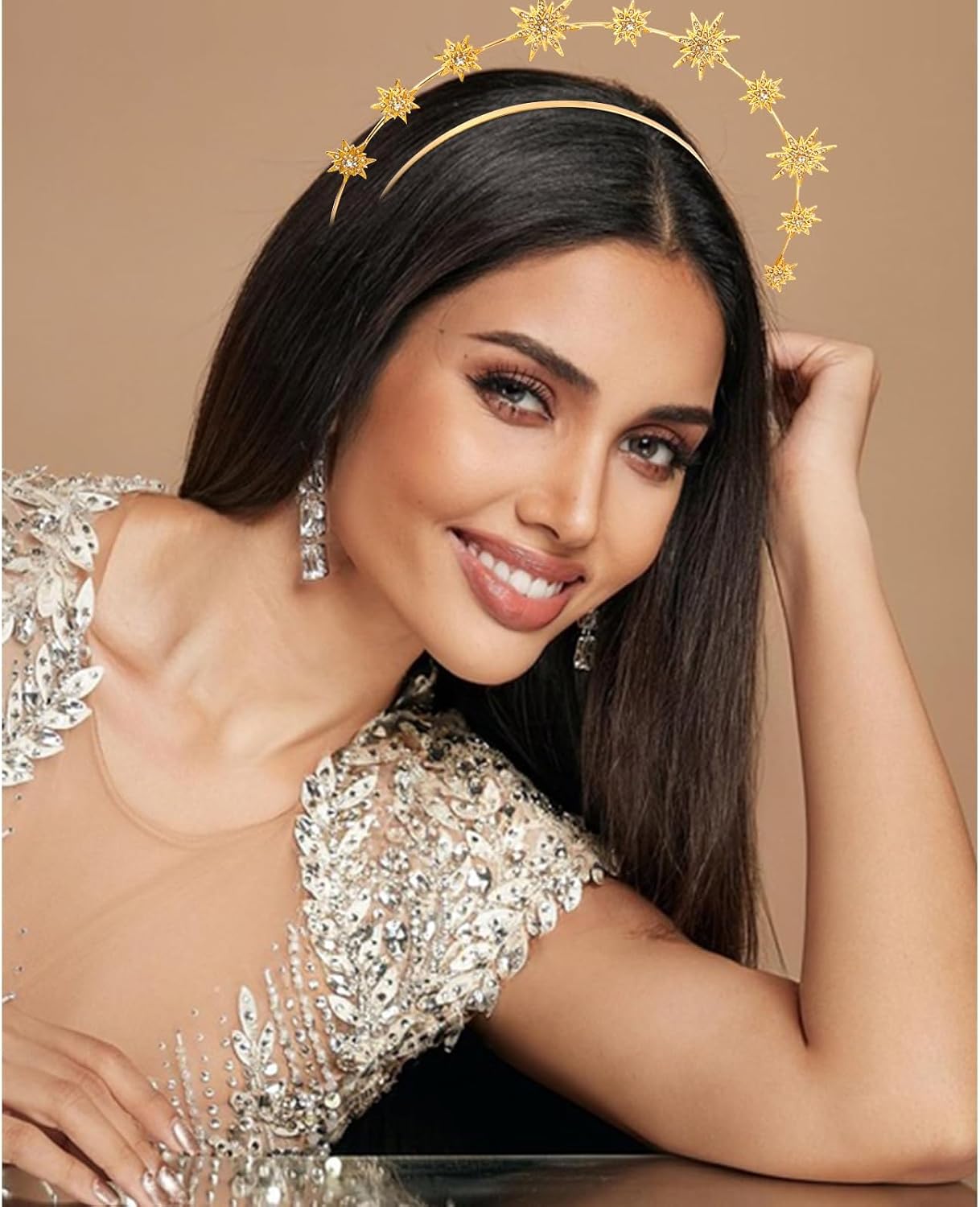 Gold Halo Star Crown Headband - Rhinestone Star Crown Headband for Women, Celestial Tiara Hair Accessories, Shiny Sparkly Headband for Birthday Party & Cosplay