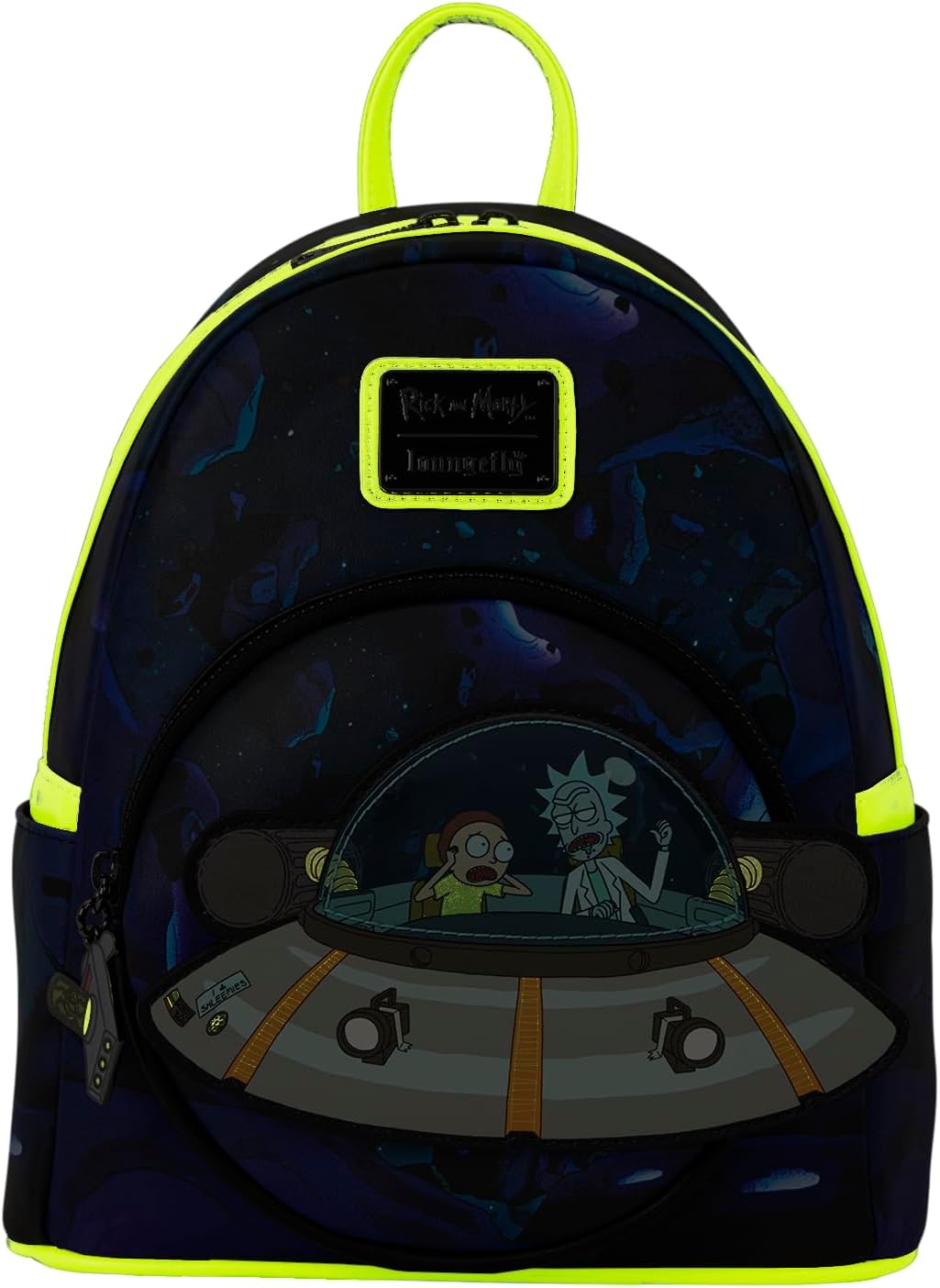 Loungefly Cartoon Network: Rick and Morty - Space Cruiser - Mini mochila con dije de cremallera - Brilla en la oscuridad - Bolsas coleccionables