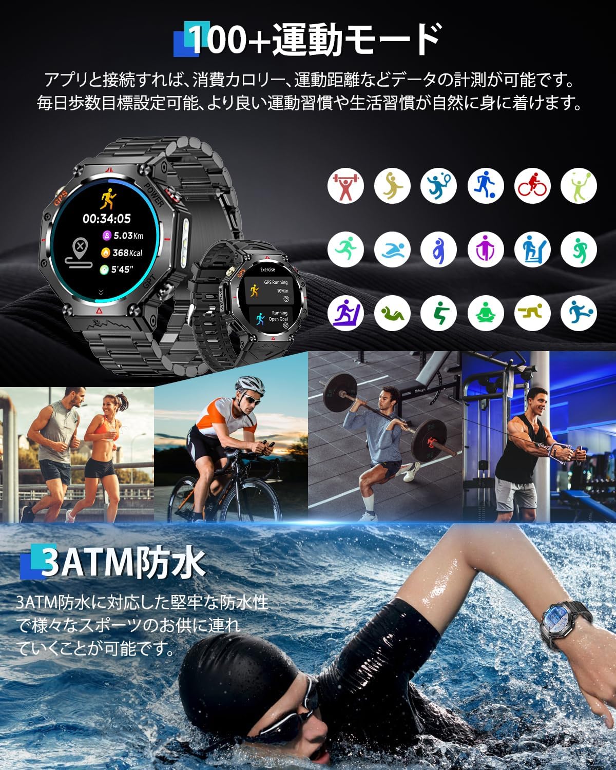 Smart Watch (2025 Latest Evolution, Built-in GPS), Includes 2 Bands, Bluetooth Calls, Incoming Calls, App Notifications, IP68 Dustproof and Waterproof, 100+ Exercise Modes, GPS Movement Recording