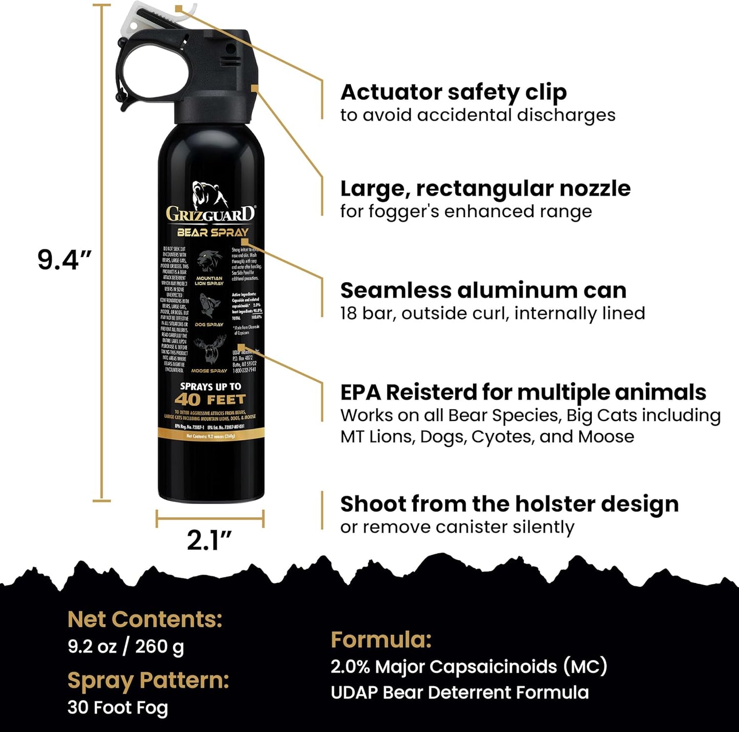 Griz Guard Bear Repellent Spray, Large, 9.2 oz (with holster), Maximum Spray Distance, Approx. 39.2 ft (12 m), EPA Registered Model, Protects Bears, Mountain Lions, Coyote, For Outdoor Use, Bear Spray