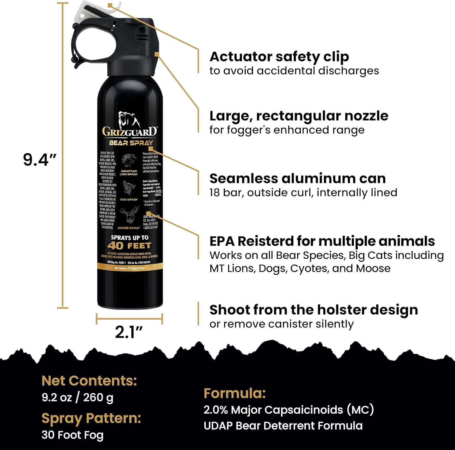 Griz Guard Bear Repellent Spray, Large, 9.2 oz (with holster), Maximum Spray Distance, Approx. 39.2 ft (12 m), EPA Registered Model, Protects Bears, Mountain Lions, Coyote, For Outdoor Use, Bear Spray