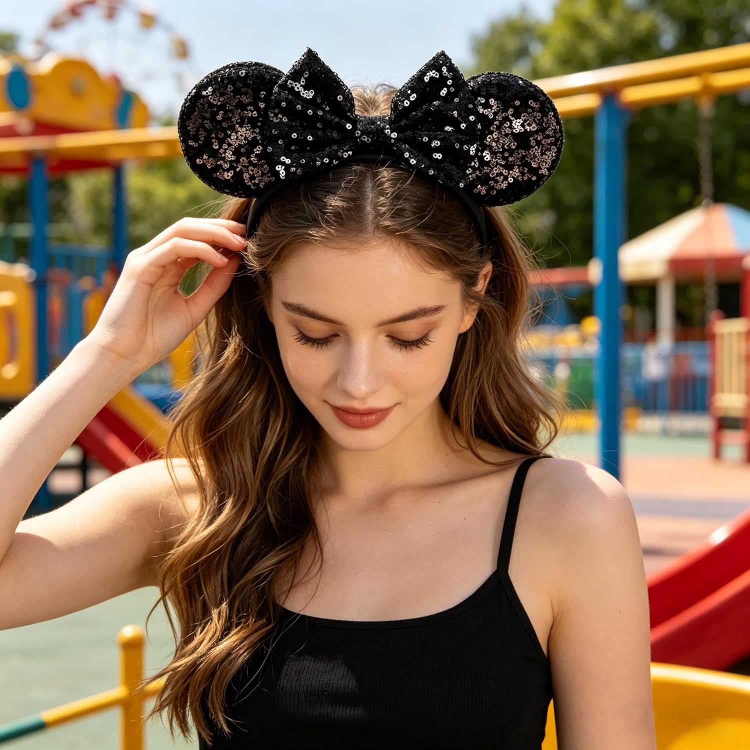 bianbaistar Orejas de ratón brillantes, diadema clásica de lentejuelas negras para adultos y otros usuarios encantadores, accesorio para fiestas de vacaciones o parque de atracciones
