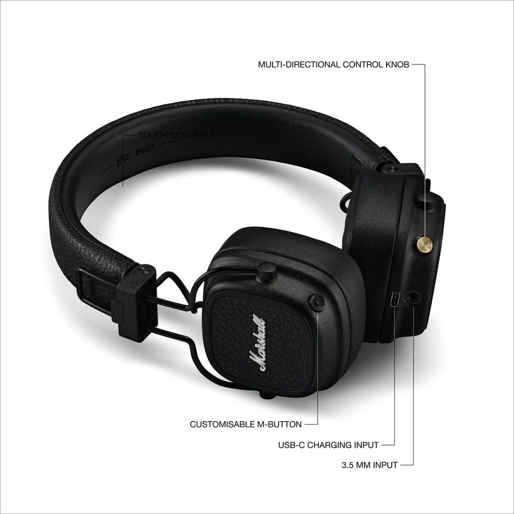 Marshall Major V Wireless On-Ear Headphones, Black, Bluetooth, 100 Hours of Continuous Playback, Qi Charging Compatible, Call Compatible