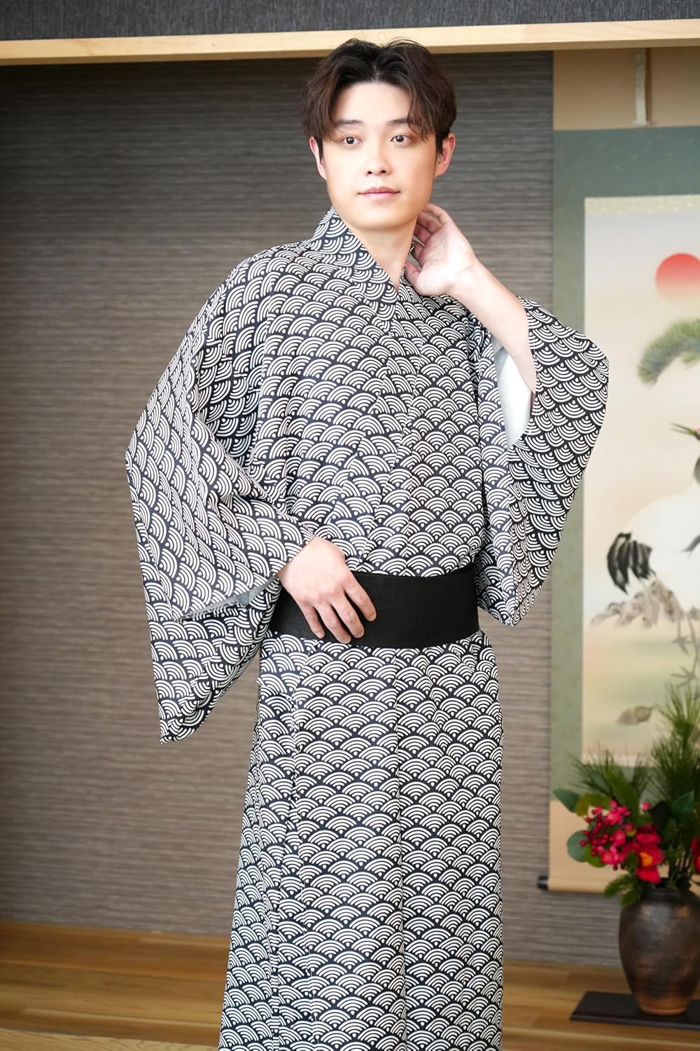 Clear Stone Cosplay, Halloween, Men's Kimono Set, Blue Sea Wave, Navy