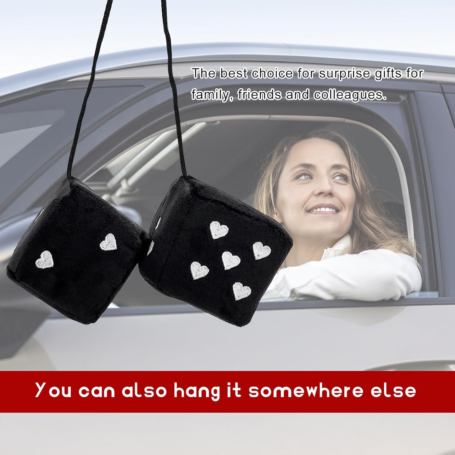 Par de dados de felpa mullidos para espejo de automóvil, dados de 3 pulgadas para colgar de pareja con patrón de forma de corazón, adorno cuadrado retro para espejo retrovisor para mujeres y