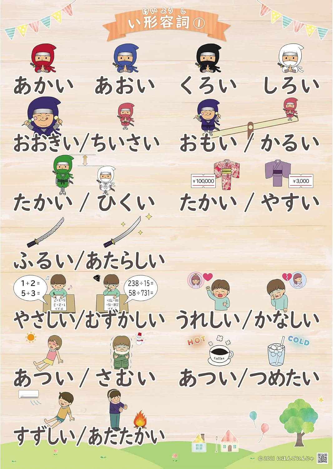 Japanese Learning Poster Set (A2 Size, "Tike", "Automatic Words, Other Verbs, "Respect Words" and "Adjectives", Total of 4 Pieces); (Overseen by Active Japanese Teachers) Japanese Compliant / Japanese