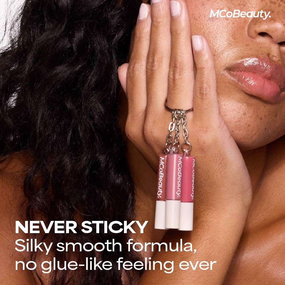 MCoBeauty - Juego de 3 mini brillos para labios | 3 High Shine Shades Clip Onto Your Keys, Hydrating Non Sticky Formula, Smooth Doe Foot Glide For Easy Touch Ups