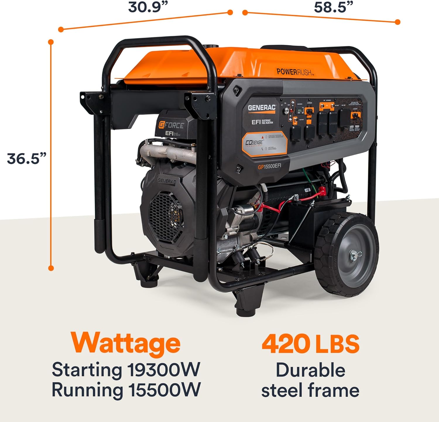 Generac 15,500 Watt Gas Powered Portable Generator - Powerful Electronic Fuel Injection Engine - COsense Technology - Emergency Backup Power and Field - 49 State Compliant - Home Orange / Black