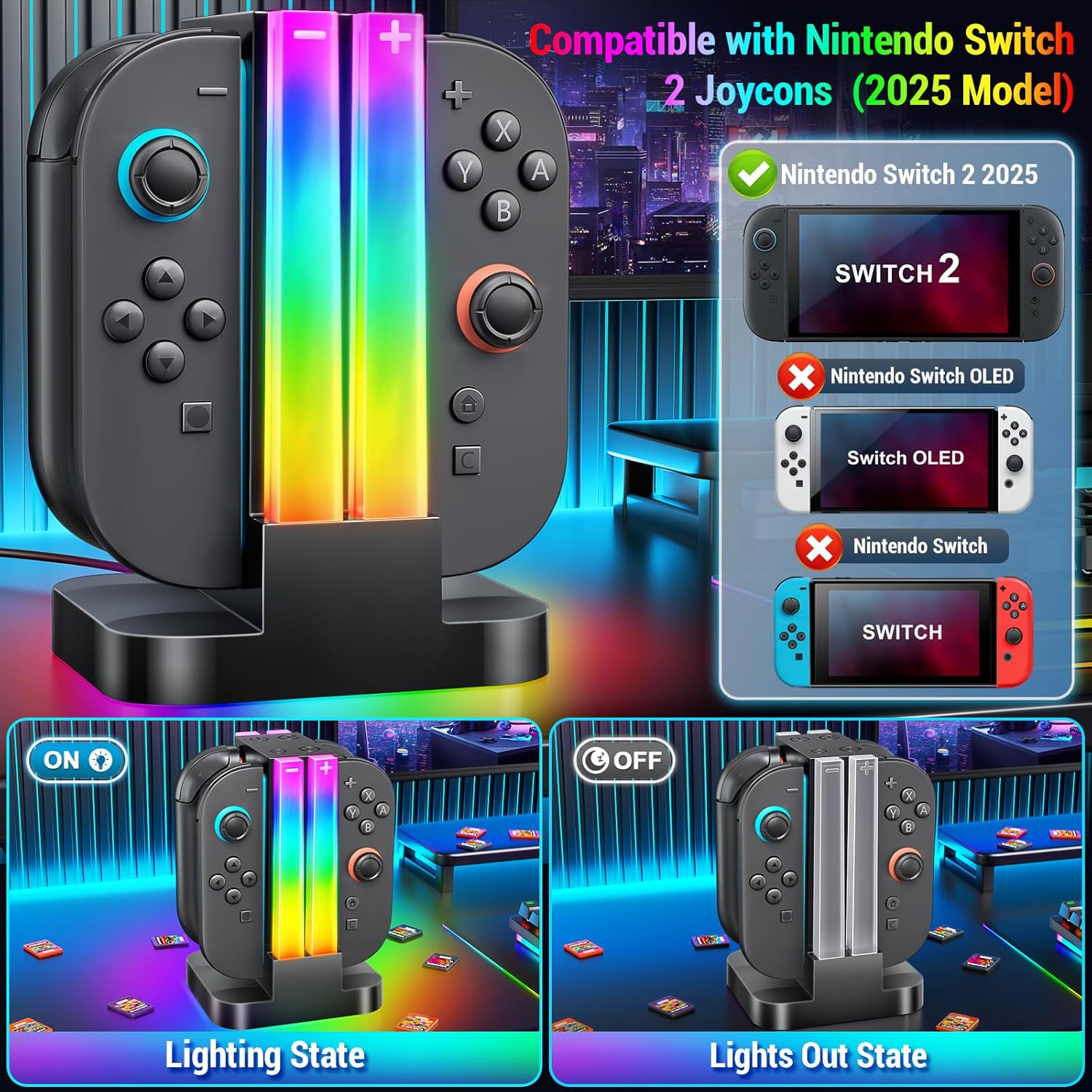 Switch 2 Joicon Charger Stand, RGB Light, 6, Joicon, Switch 2, Timing Function, Overcharge Prevention, USB-C Cable Included, Will Controller, Charger