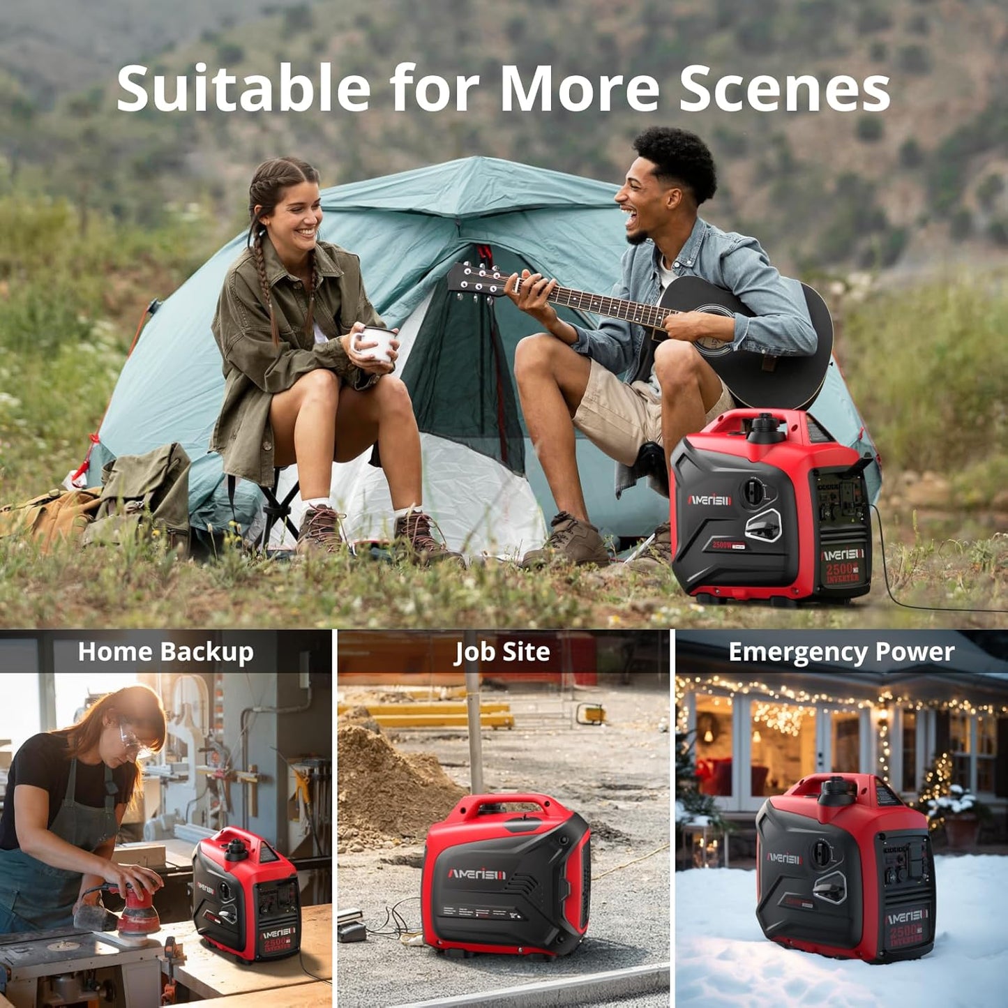 2500 Watt Gas Powered Portable Inverter Generator with CO Sensor Ultra Quiet Home Backup Emergency Camping EPA Compliant 2025 Version