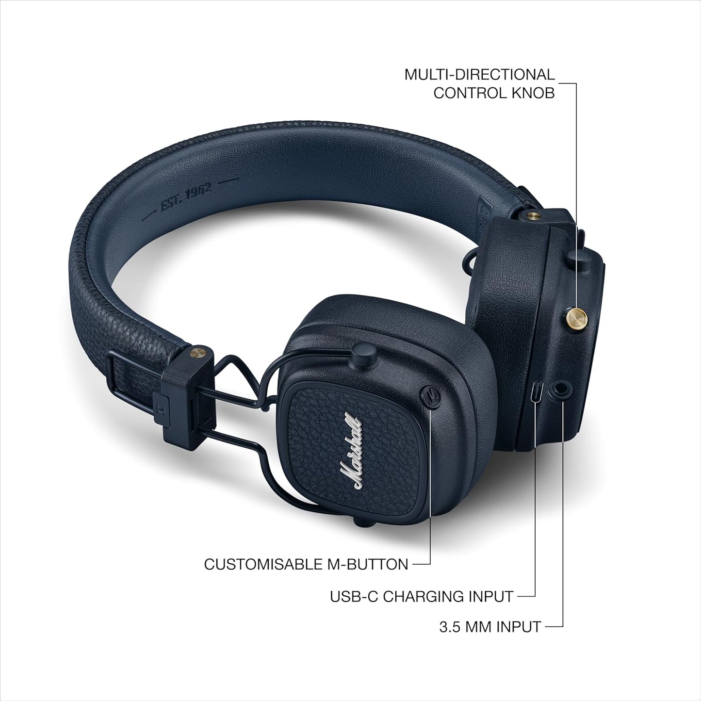 Marshall Wireless On-Ear Headphones Major V Midnight Blue Bluetooth / 100 Hours Continuous Playback / Qi Charging Compatible / Call Support [Domestic Genuine Product]