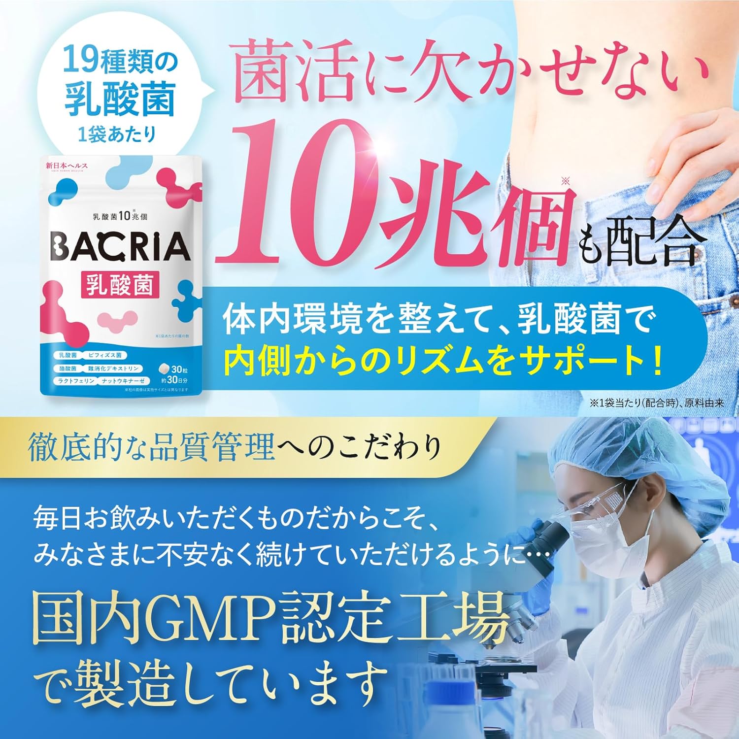 【医師監修】BACRIA乳酸菌 乳酸菌10兆個 ビフィズス菌 酪酸菌 難消化性デキストリン ラクトフェリン ナットウキナーゼ 30粒 約30日分 国内GMP認定工場製造 サプリメント バクリア 新日本ヘルス