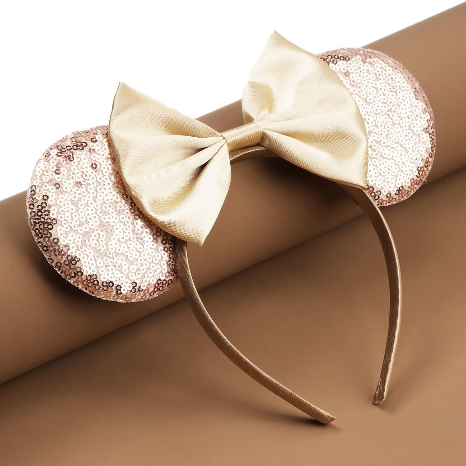 bianbaistar Diadema con orejas de ratón con purpurina champán, lazo de satén de lujo para eventos nupciales y días de parque