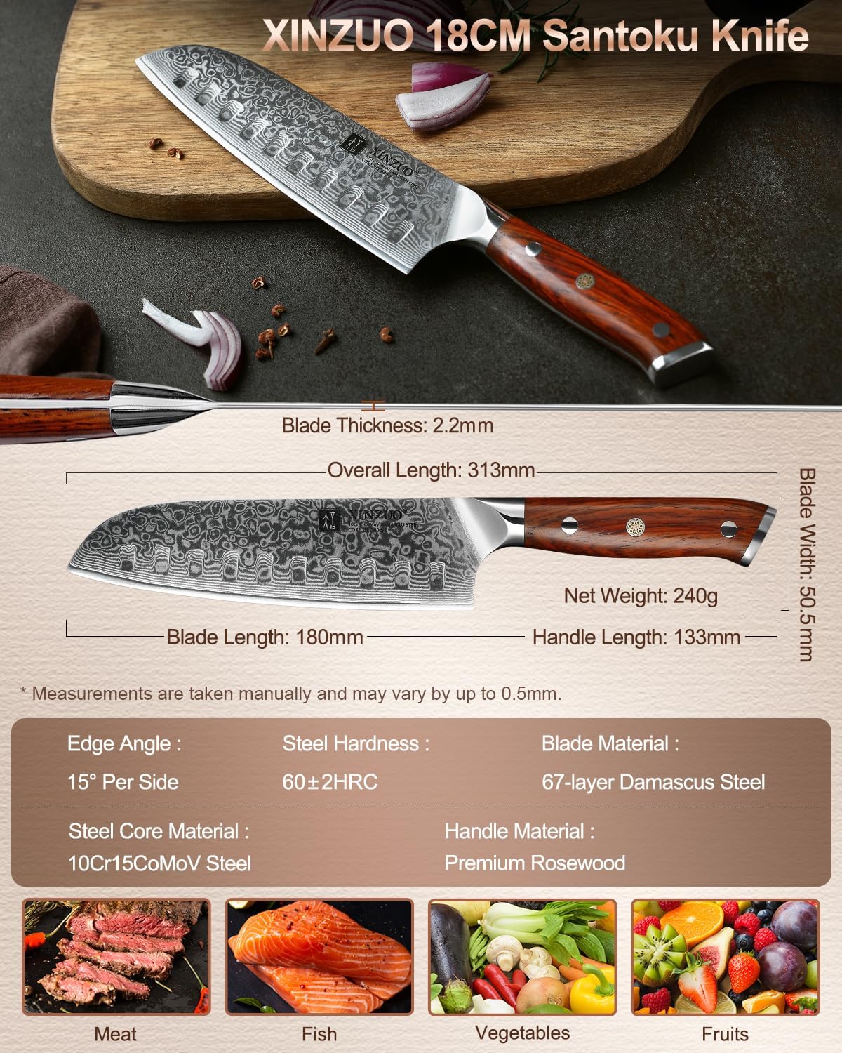 XINZUO Damascus Steel Santoku Knife 18cm Santoku Knife - Professional Chef Knife Multifunctional Kitchen Cooking Knife, Suitable for Cutting Meat, Vegetables and Fruits - Ergonomic Rose Wood Handle