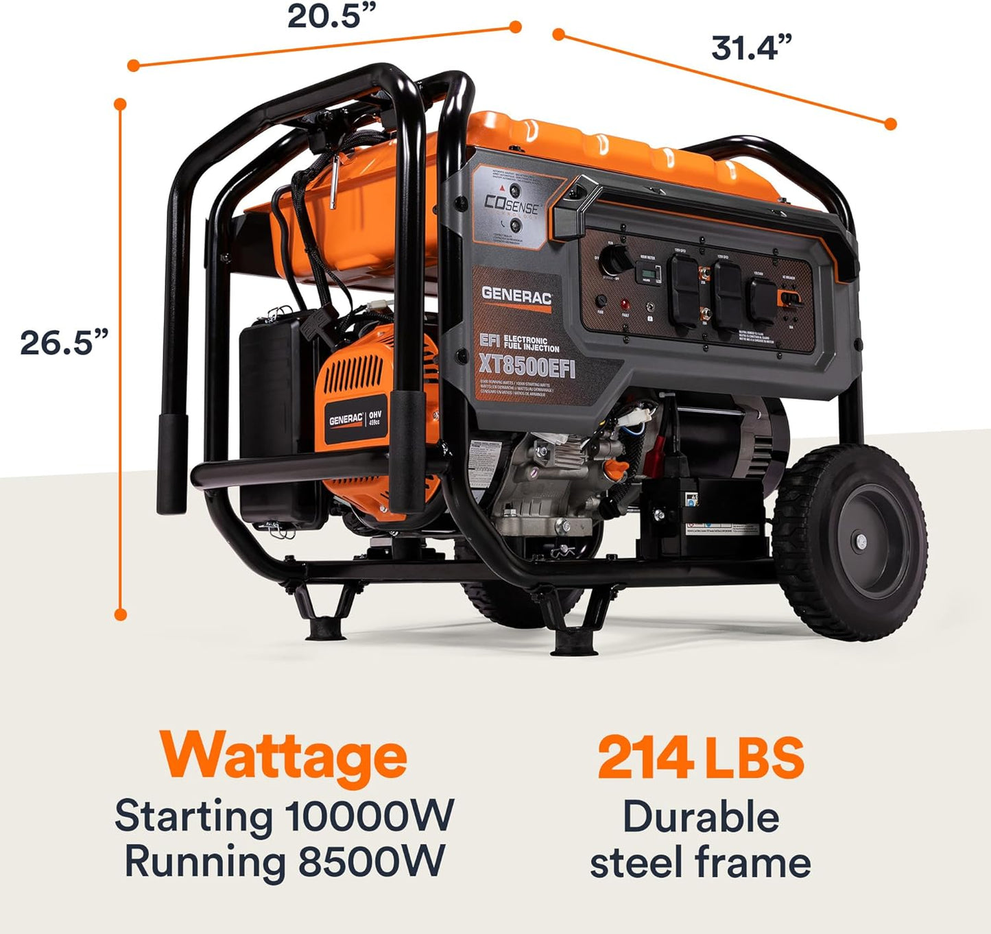 Generac 7247 XT8500EFI 8,500 Watt Gas-Powered Portable Generator - Powerful Electronic Fuel Injection Engine - COsense Technology - Perfect for Emergency Backup Power and Field Use - CARB Compliant