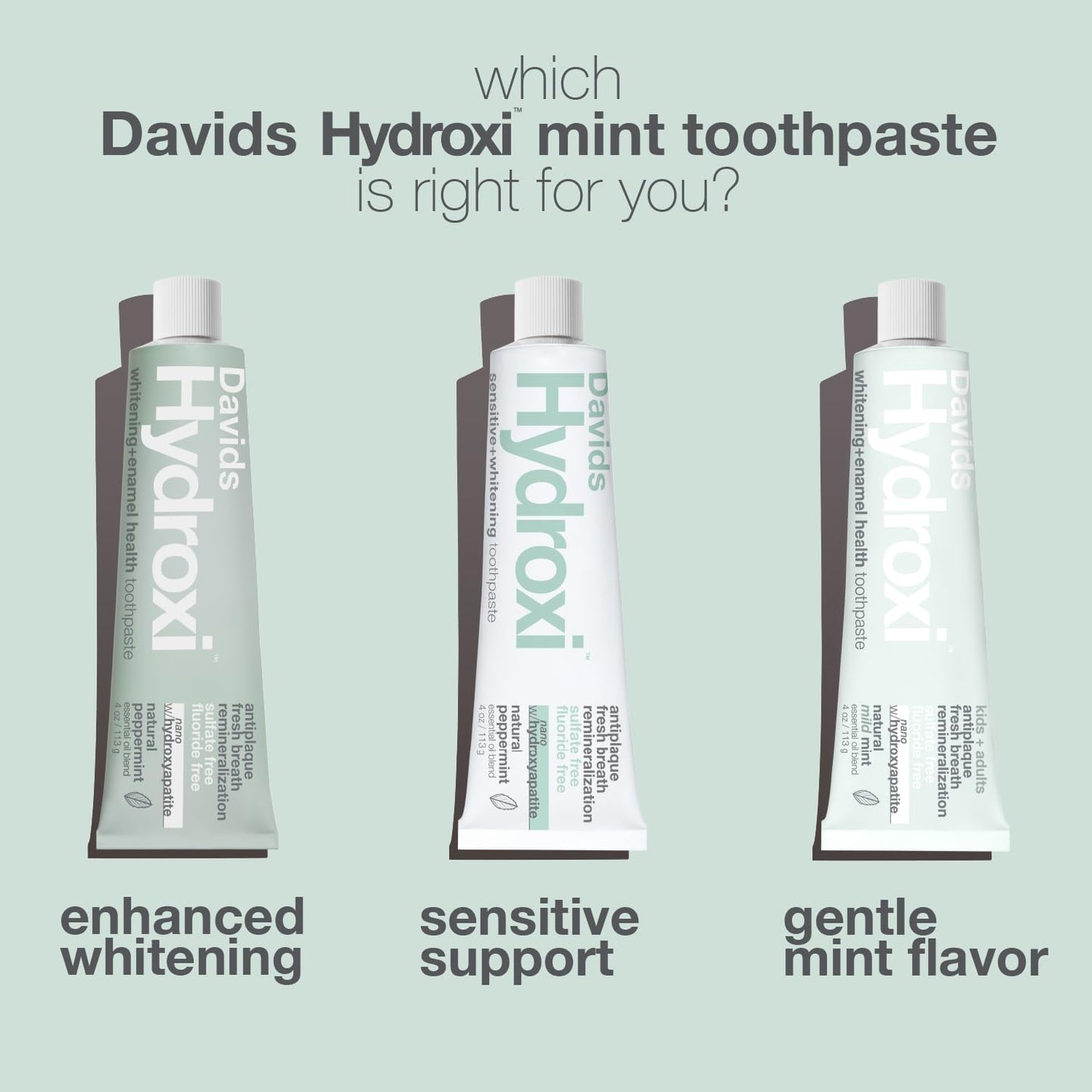 Davids Pasta de dientes sin flúor de hidroxi nano hidroxiapatita para remineralizar el esmalte y alivio de sensibilidad, blanqueamiento, antiplaca, sin SLS, menta natural, 4 onzas, fabricado en