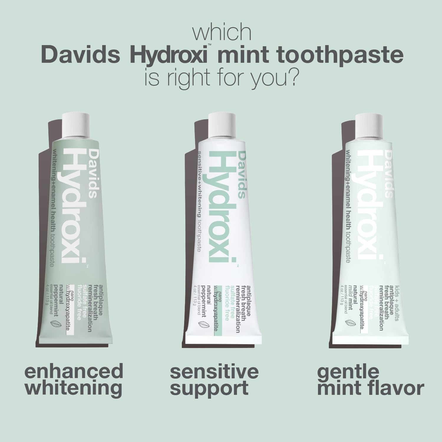 Davids Pasta de dientes sin flúor de hidroxi nano hidroxiapatita para remineralizar el esmalte y alivio de sensibilidad, blanqueamiento, antiplaca, sin SLS, menta natural, 4 onzas, fabricado en