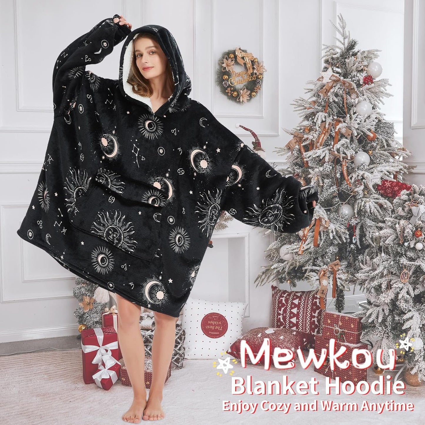 Mewkou - Manta con capucha portátil para adultos, manta con capucha de forro polar sherpa de gran tamaño para mujeres y hombres, Sol y Luna