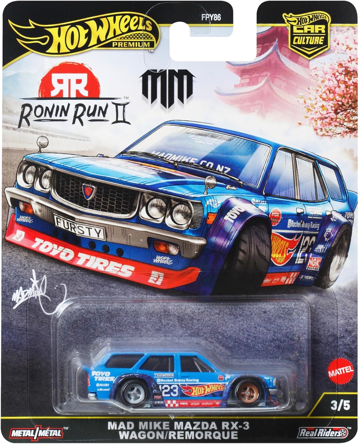 Hot Wheels Car Culture Ronin Run II Mad Mike Mazda RX-3 Wagon/Lemur Ride-On Toy Mini Car, Ages 3 and Up, Blue JBK50