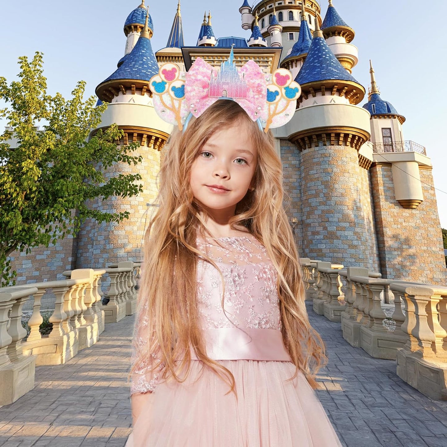 LYLIN Diadema de orejas de ratón, orejas de ratón rosas con lazos de castillo para mujeres y niñas, accesorios para el cabello, orejas de princesa, orejas de parque, viajes, fiesta, cosplay, accesorios de disfraces (castillo rosa)