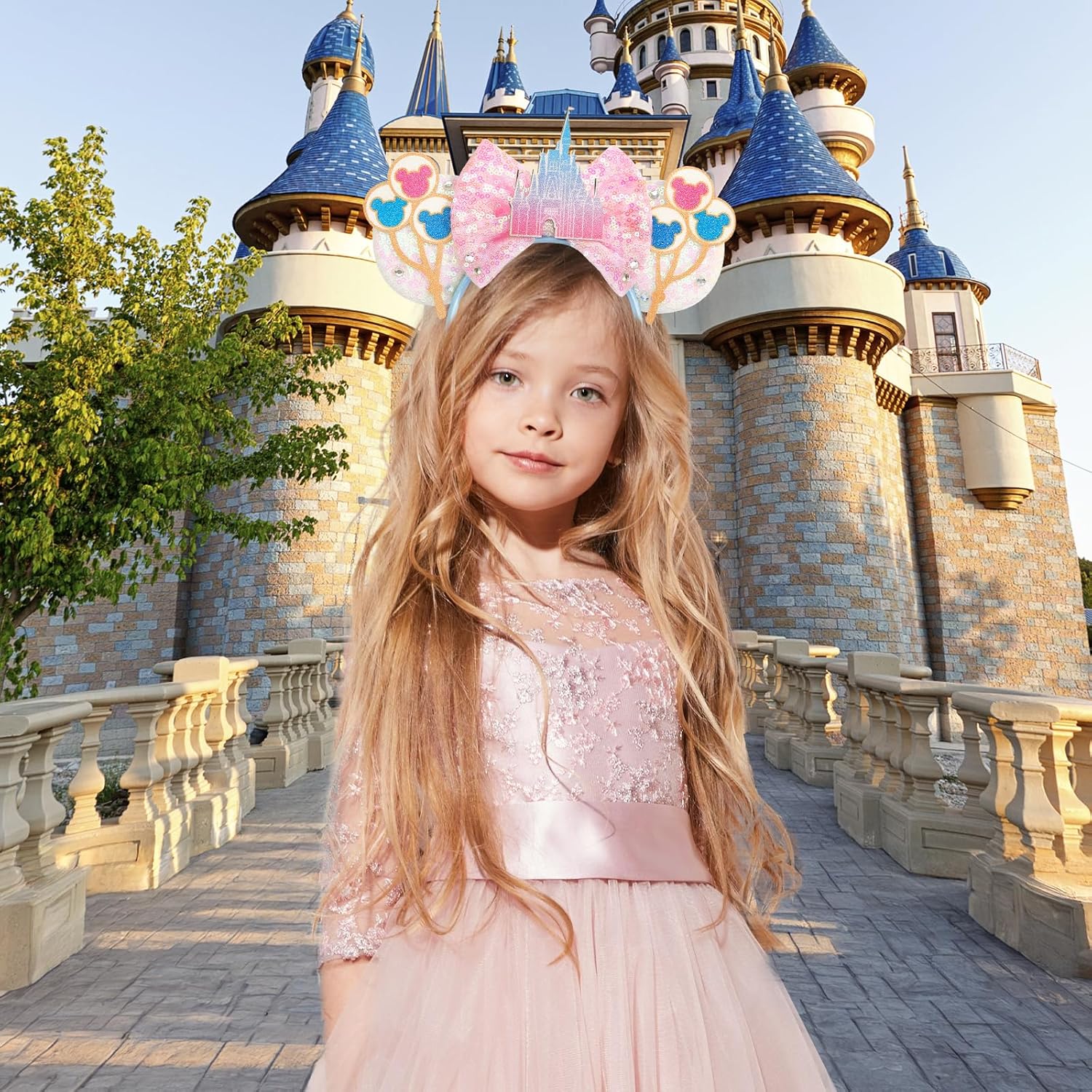 LYLIN Diadema de orejas de ratón, orejas de ratón rosas con lazos de castillo para mujeres y niñas, accesorios para el cabello, orejas de princesa, orejas de parque, viajes, fiesta, cosplay, accesorios de disfraces (castillo rosa)
