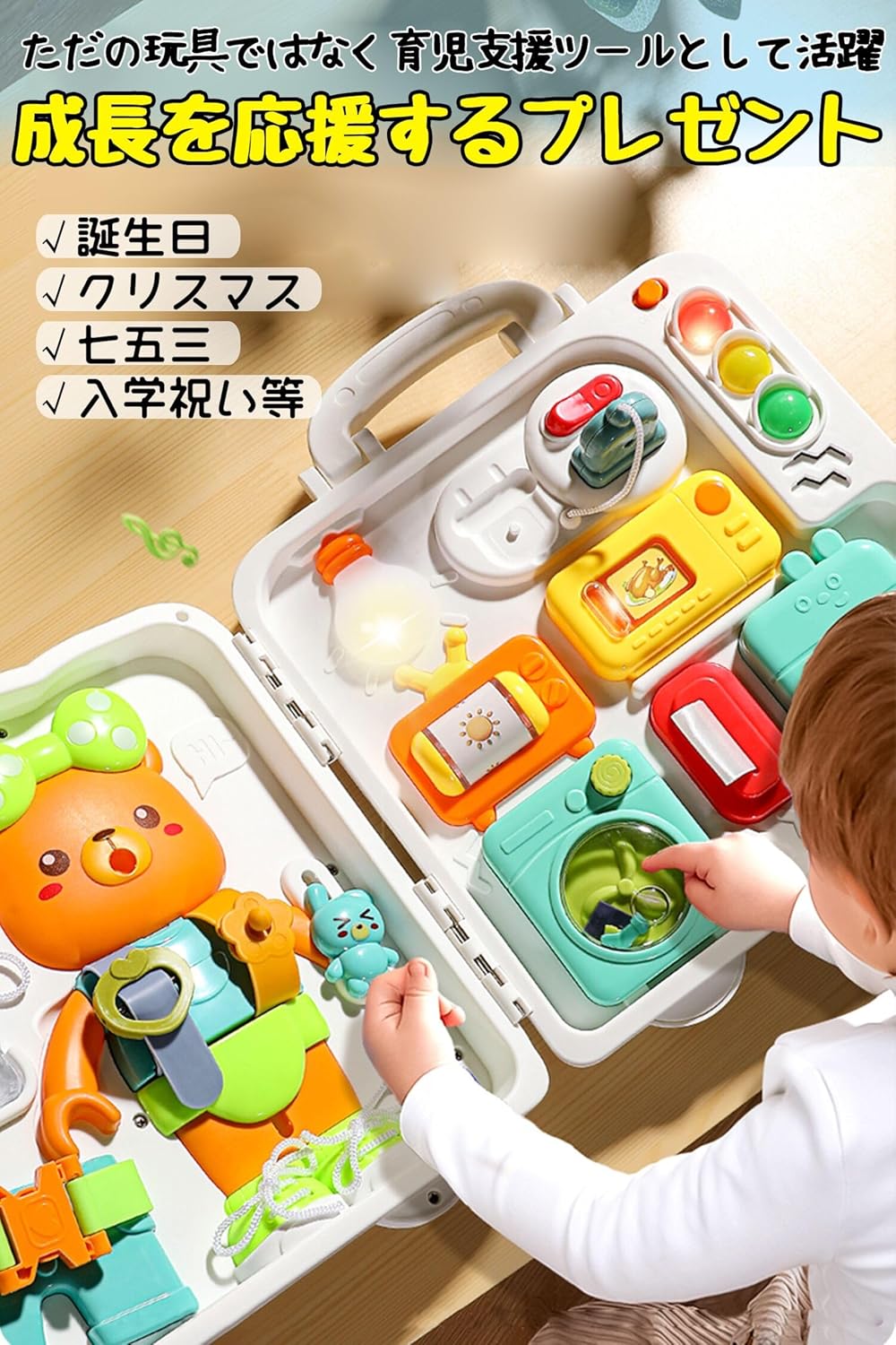 Baby Busy Box, Baby Toy for 3-Year Olds, Educational Toy with Home Appliances, Traffic, 3 Scenes, Music, Lights, Finger Play, English Learning & Life Skills Development, Birthday Gift for Girls