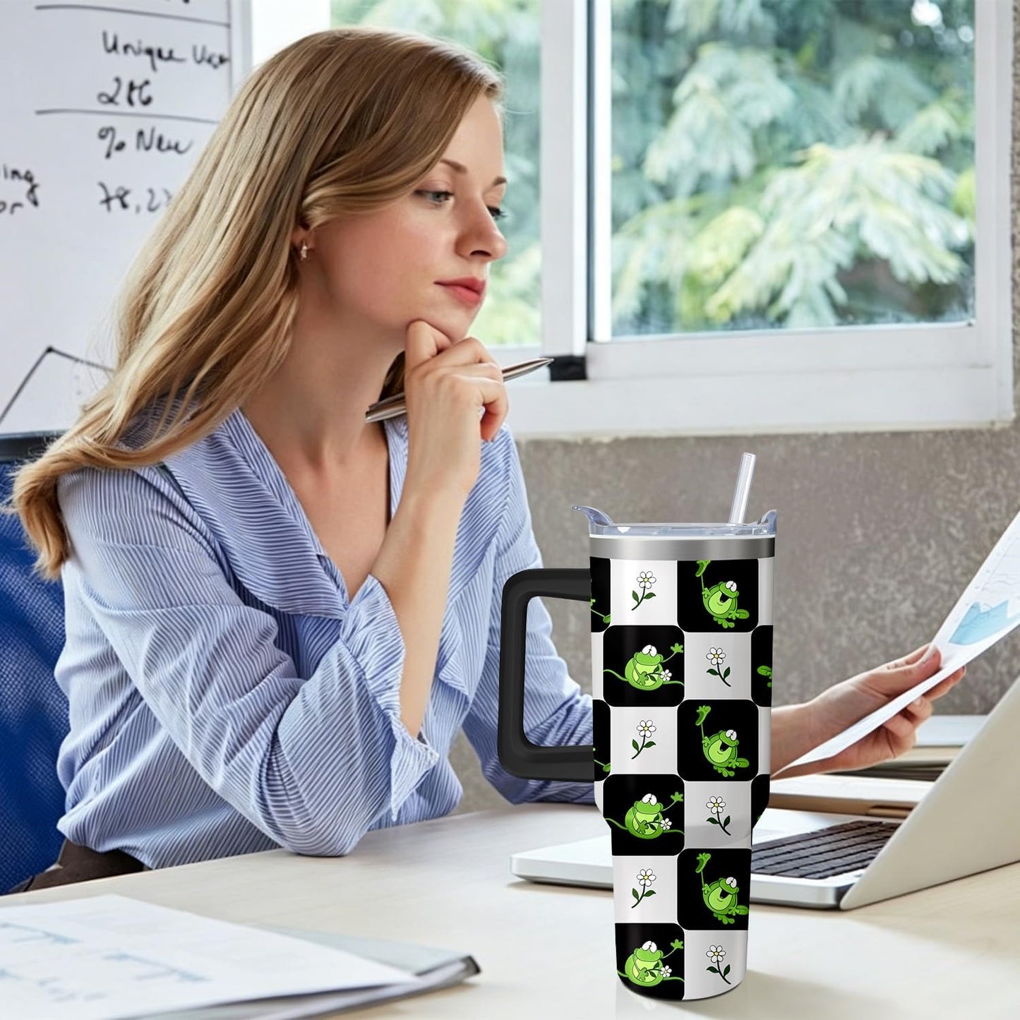 Vaso de rana de 40 onzas con asa y pajilla, taza aislada de acero inoxidable a cuadros búfalo con tapa, taza de café de viaje, botella de agua, regalos de cumpleaños para el día de la madre